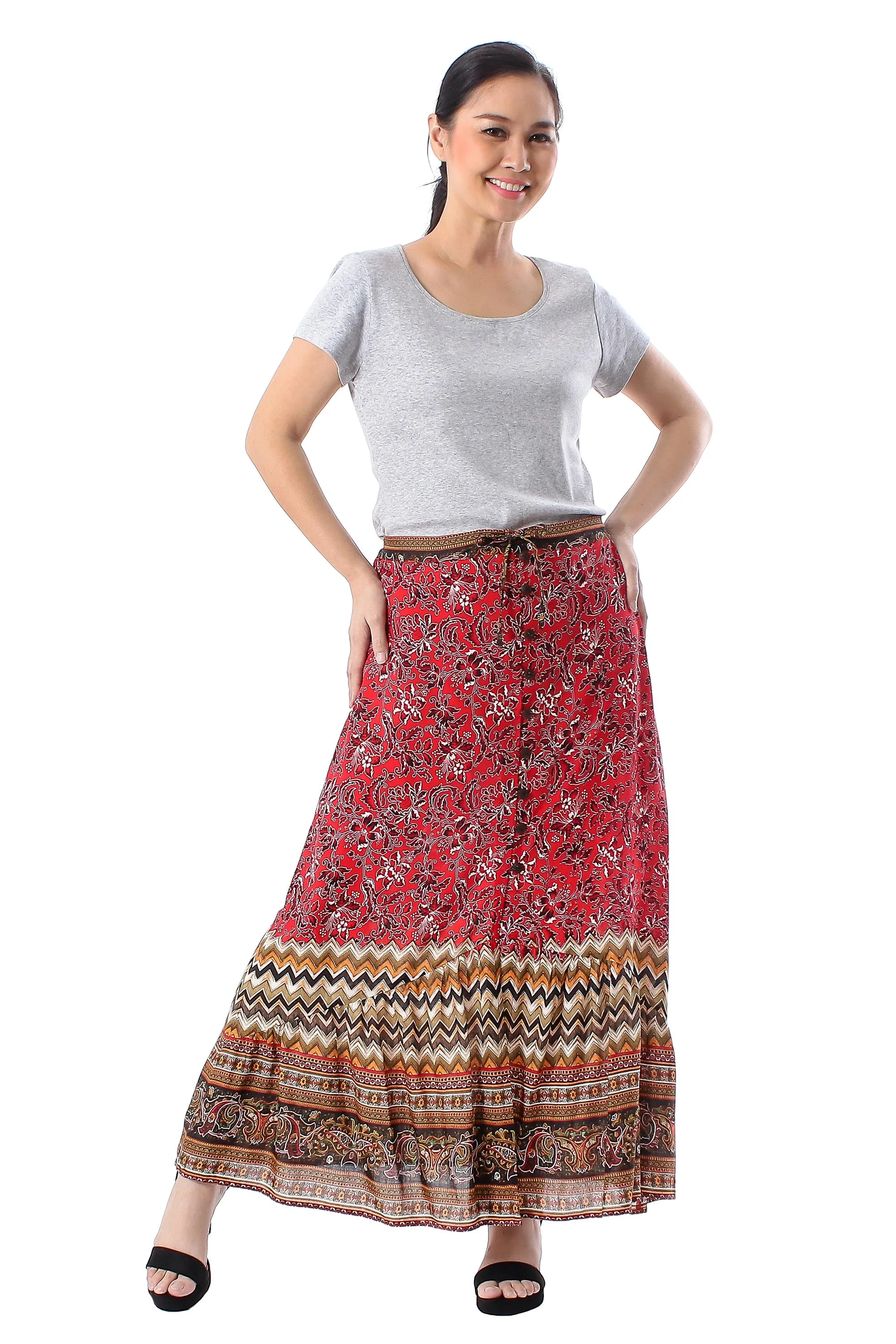 Rayon Skirt with Printed Floral Motifs from Thailand - Fantastic Floral Garden | NOVICA