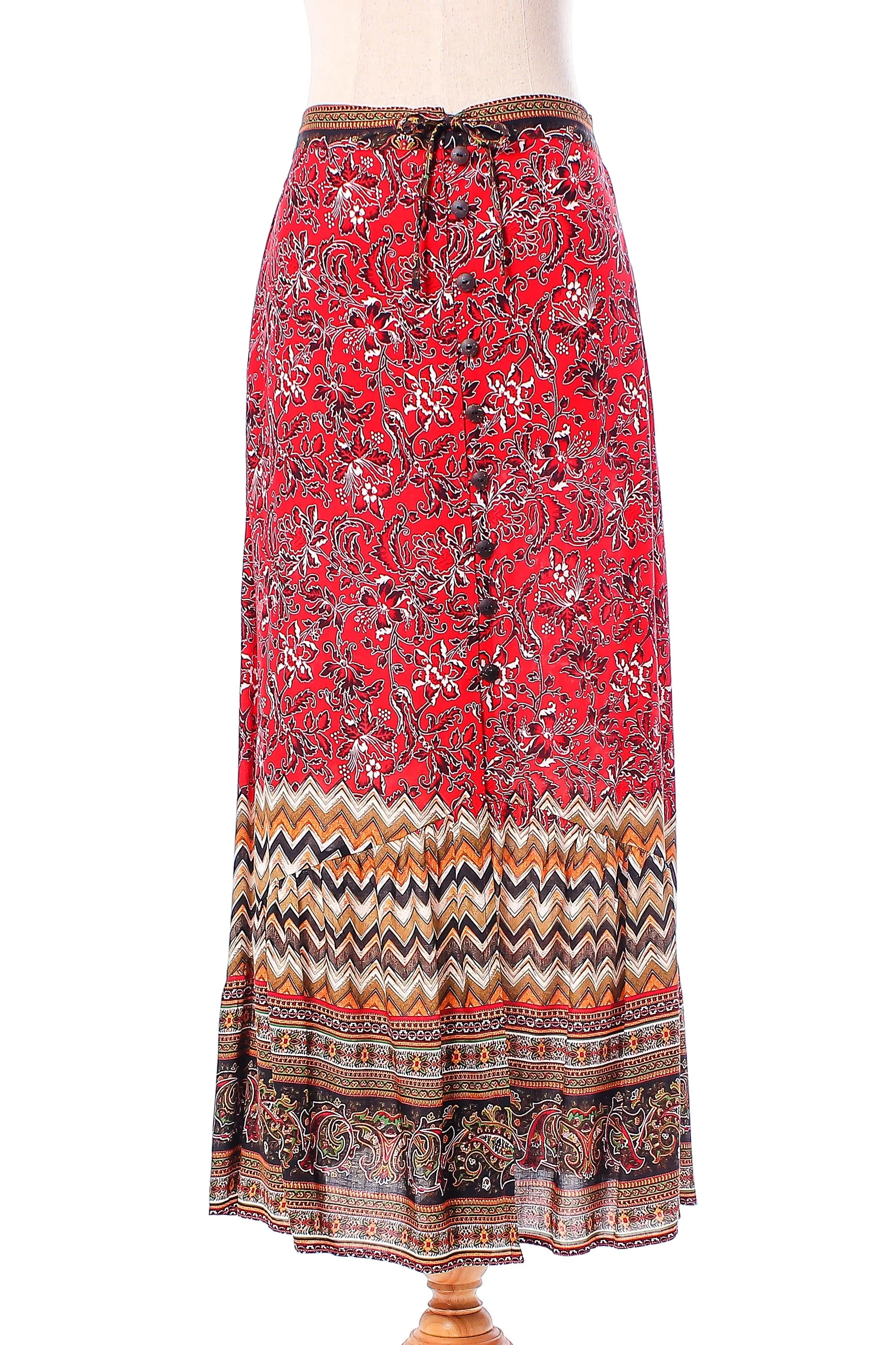 Rayon Skirt with Printed Floral Motifs from Thailand - Fantastic Floral Garden | NOVICA