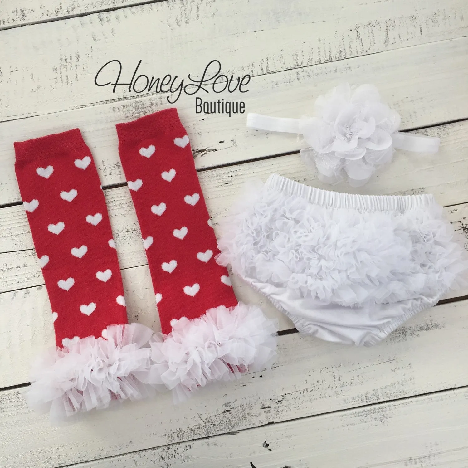 Red and White heart leg warmers, white flower headband, ruffle bottom bloomers