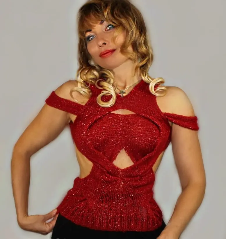 Red Mohair Lurex Hand Knit v neck top, Bohemian Sexy top with opened back