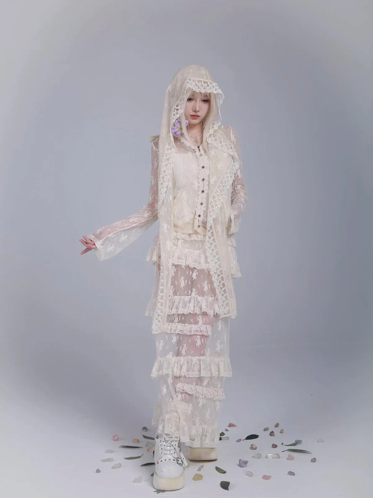 Rose Island AW24 Elf Guardian - Elf in mist lace cardigan and beanie scarf set