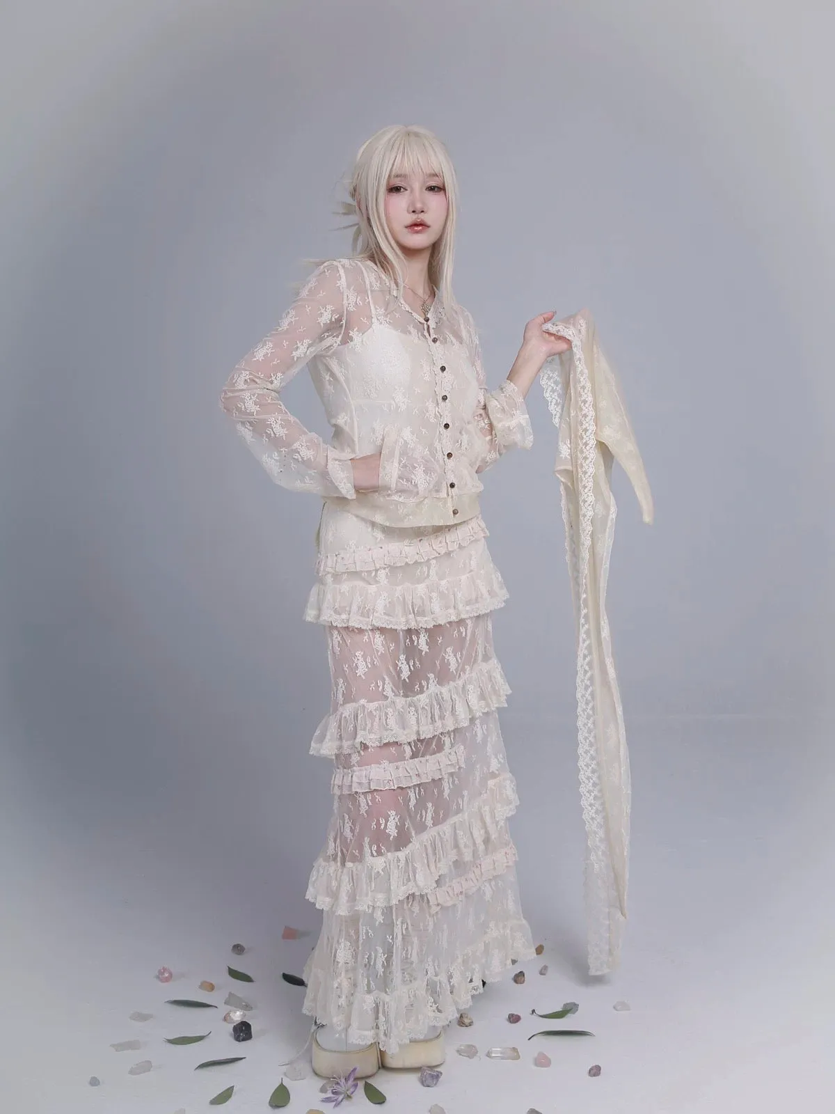 Rose Island AW24 Elf Guardian - Elf in mist lace cardigan and beanie scarf set