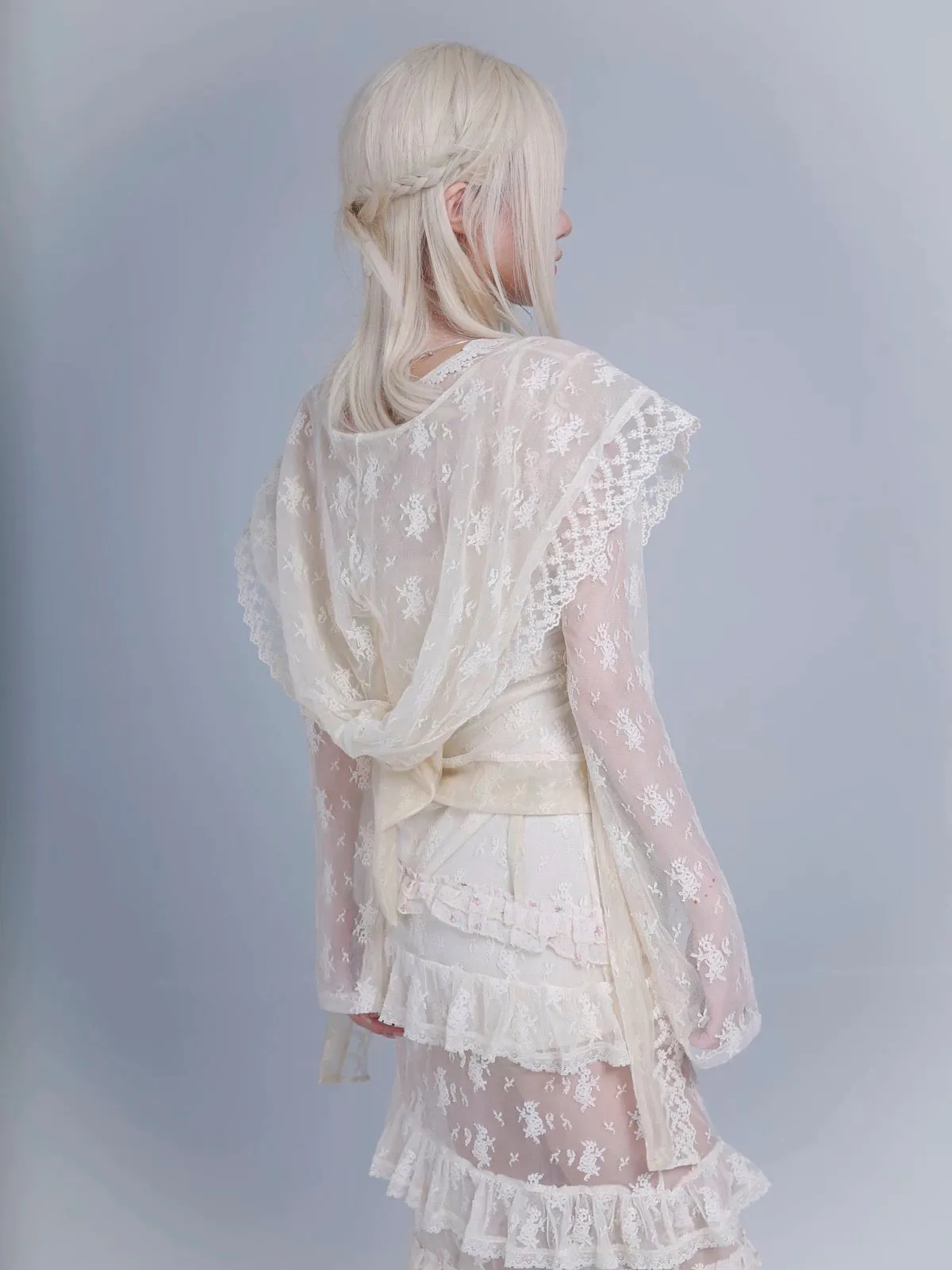 Rose Island AW24 Elf Guardian - Elf in mist lace cardigan and beanie scarf set