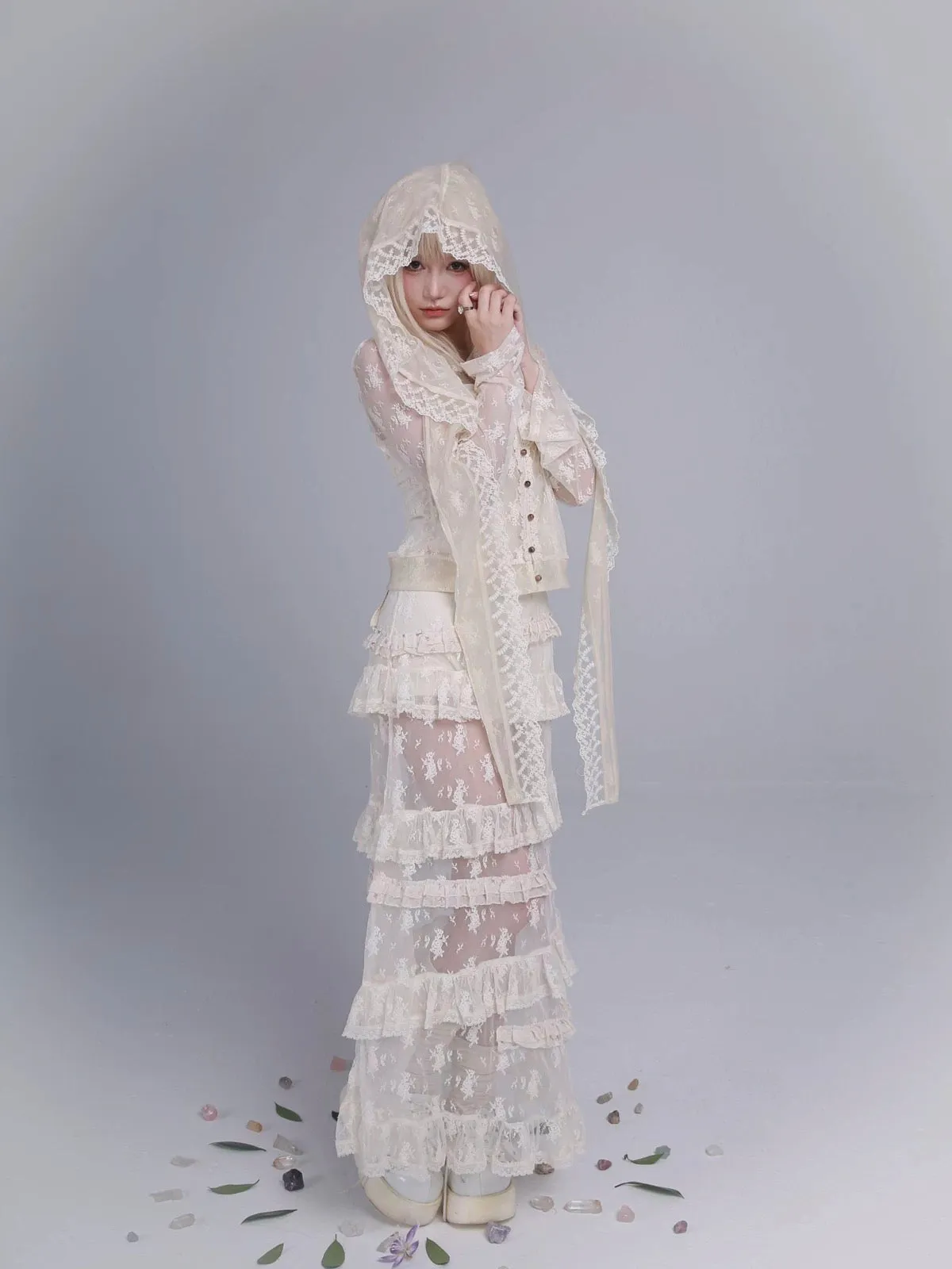 Rose Island AW24 Elf Guardian - Elf in mist lace cardigan and beanie scarf set