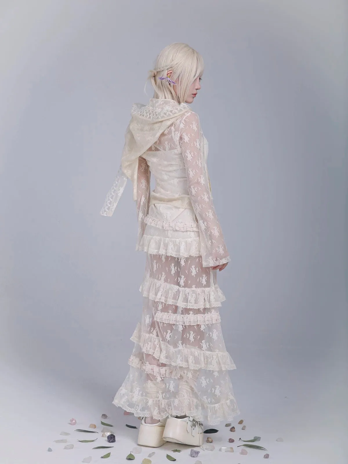 Rose Island AW24 Elf Guardian - Elf in mist lace cardigan and beanie scarf set