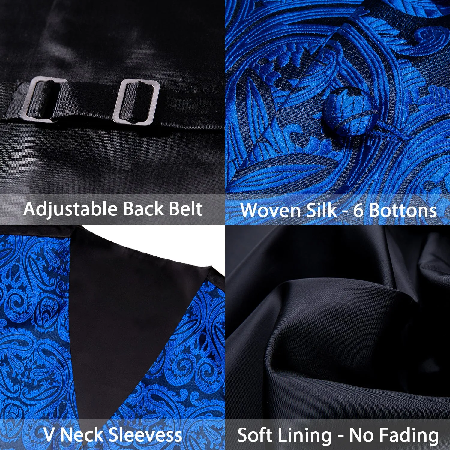 Sapphire Blue Paisley Silk Men's Vest Tie Hanky Cufflinks Set Waistcoat Suit Set