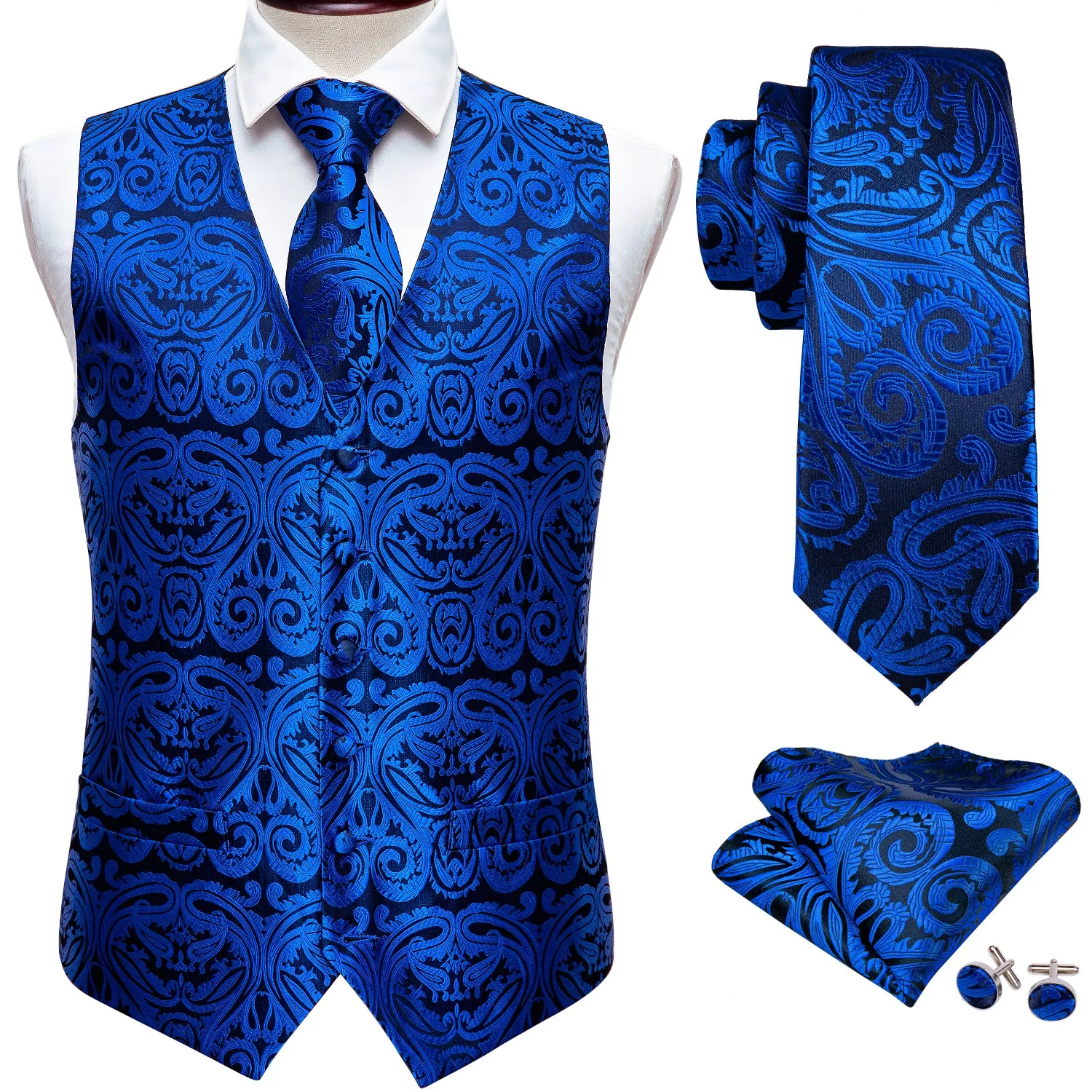 Sapphire Blue Paisley Silk Men's Vest Tie Hanky Cufflinks Set Waistcoat Suit Set