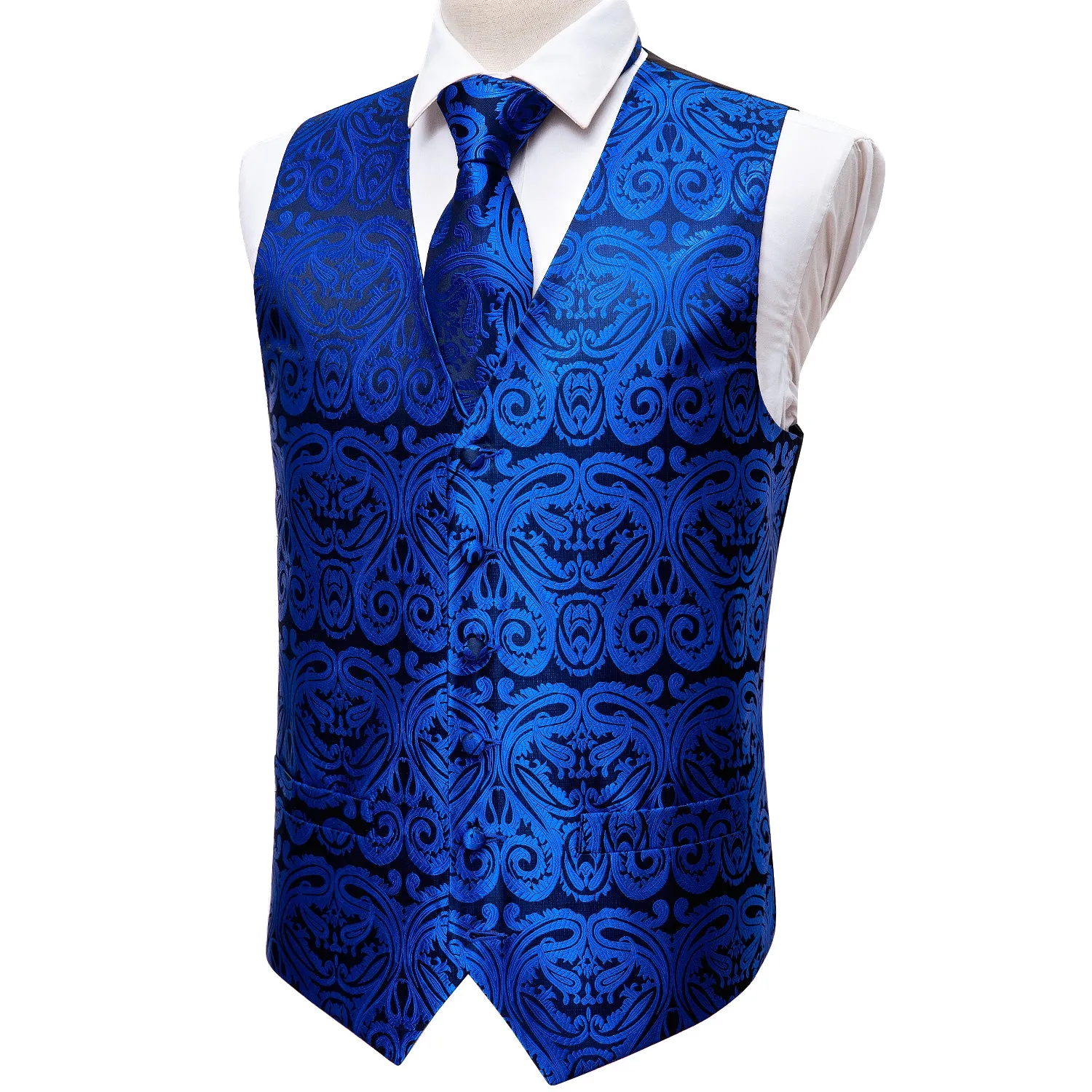 Sapphire Blue Paisley Silk Men's Vest Tie Hanky Cufflinks Set Waistcoat Suit Set