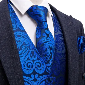 Sapphire Blue Paisley Silk Men's Vest Tie Hanky Cufflinks Set Waistcoat Suit Set