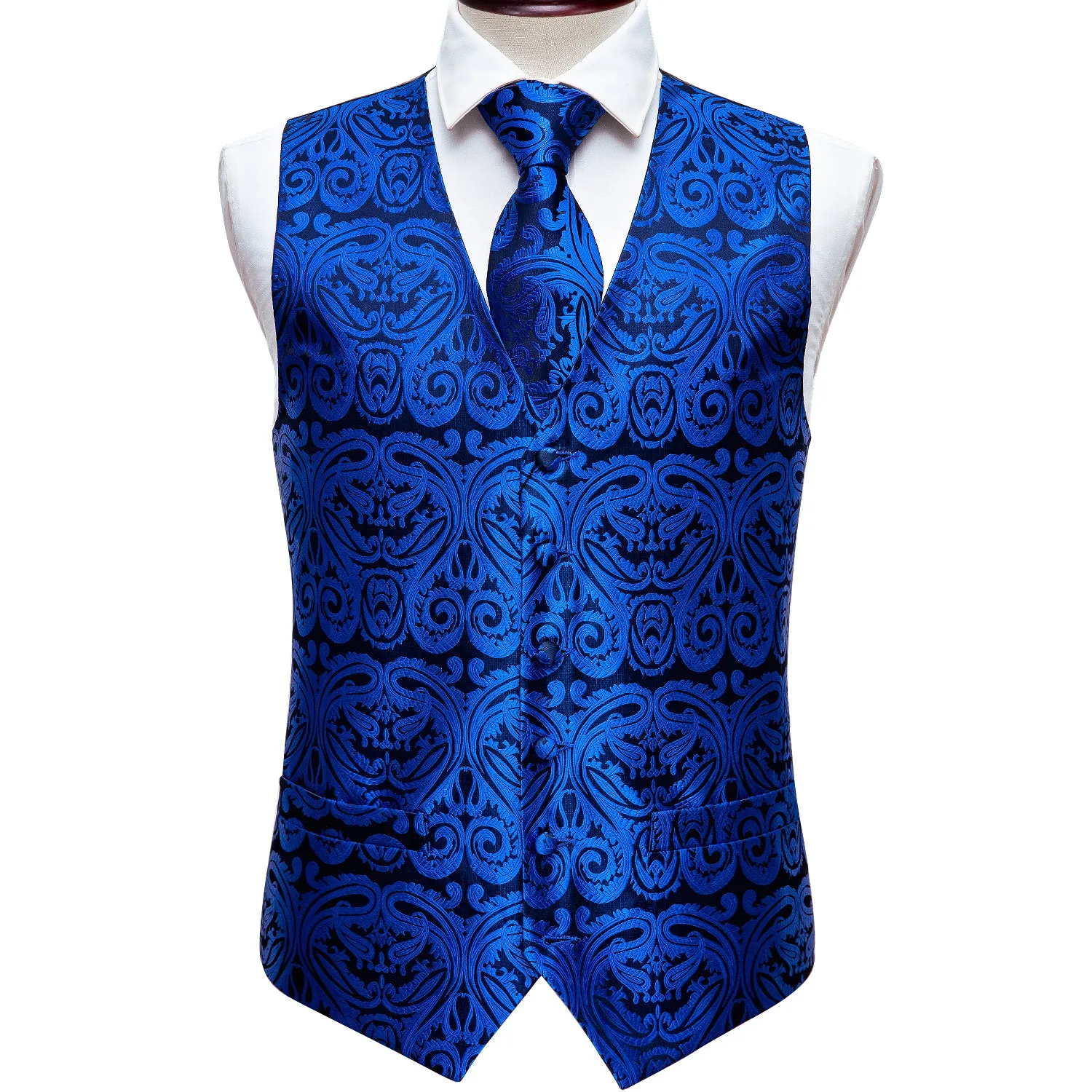 Sapphire Blue Paisley Silk Men's Vest Tie Hanky Cufflinks Set Waistcoat Suit Set