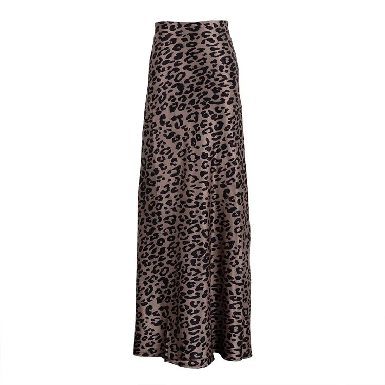 Satin Draping Leopard Print Fishtail Maxi Skirt