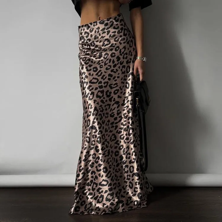 Satin Draping Leopard Print Fishtail Maxi Skirt