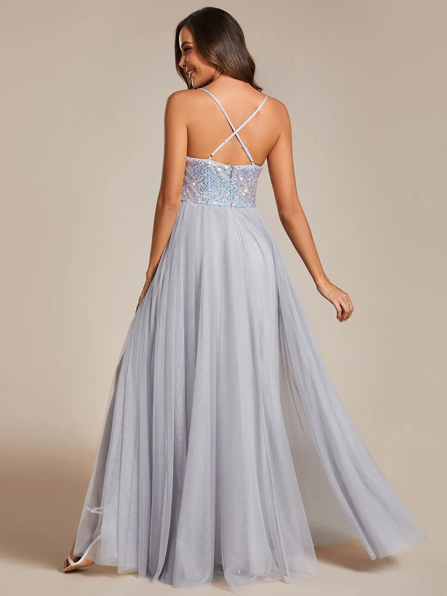 Sequin Tulle Spaghetti Strap High Split Bridesmaid Dress