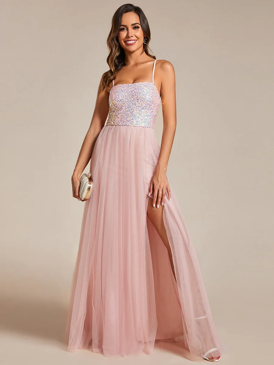 Sequin Tulle Spaghetti Strap High Split Bridesmaid Dress