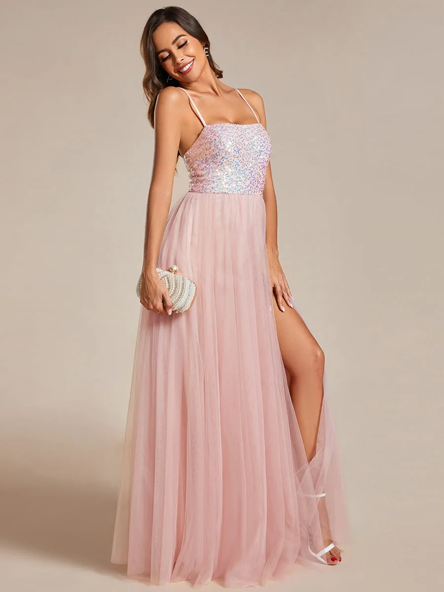 Sequin Tulle Spaghetti Strap High Split Bridesmaid Dress