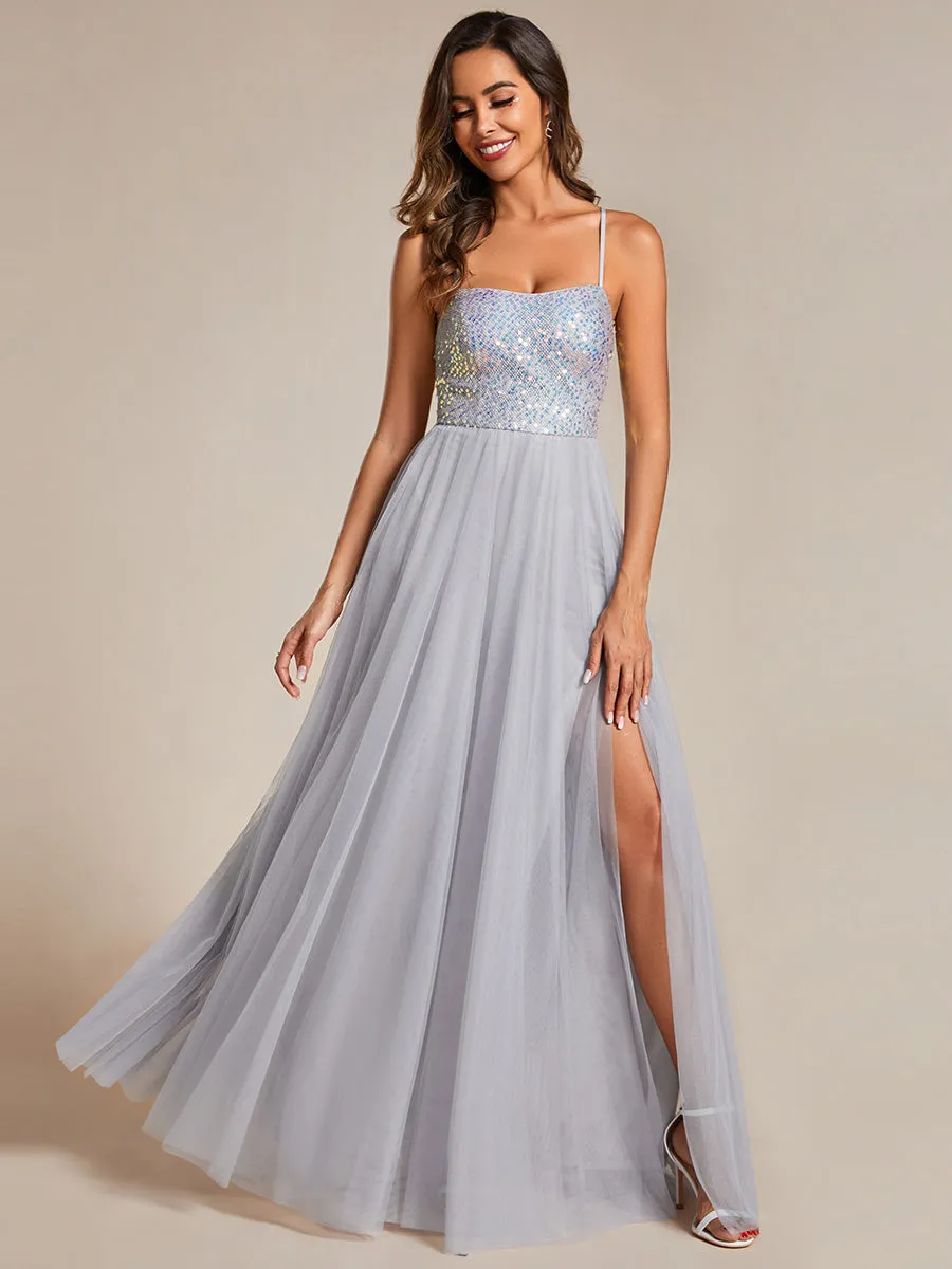 Sequin Tulle Spaghetti Strap High Split Wholesale Bridesmaid Dress