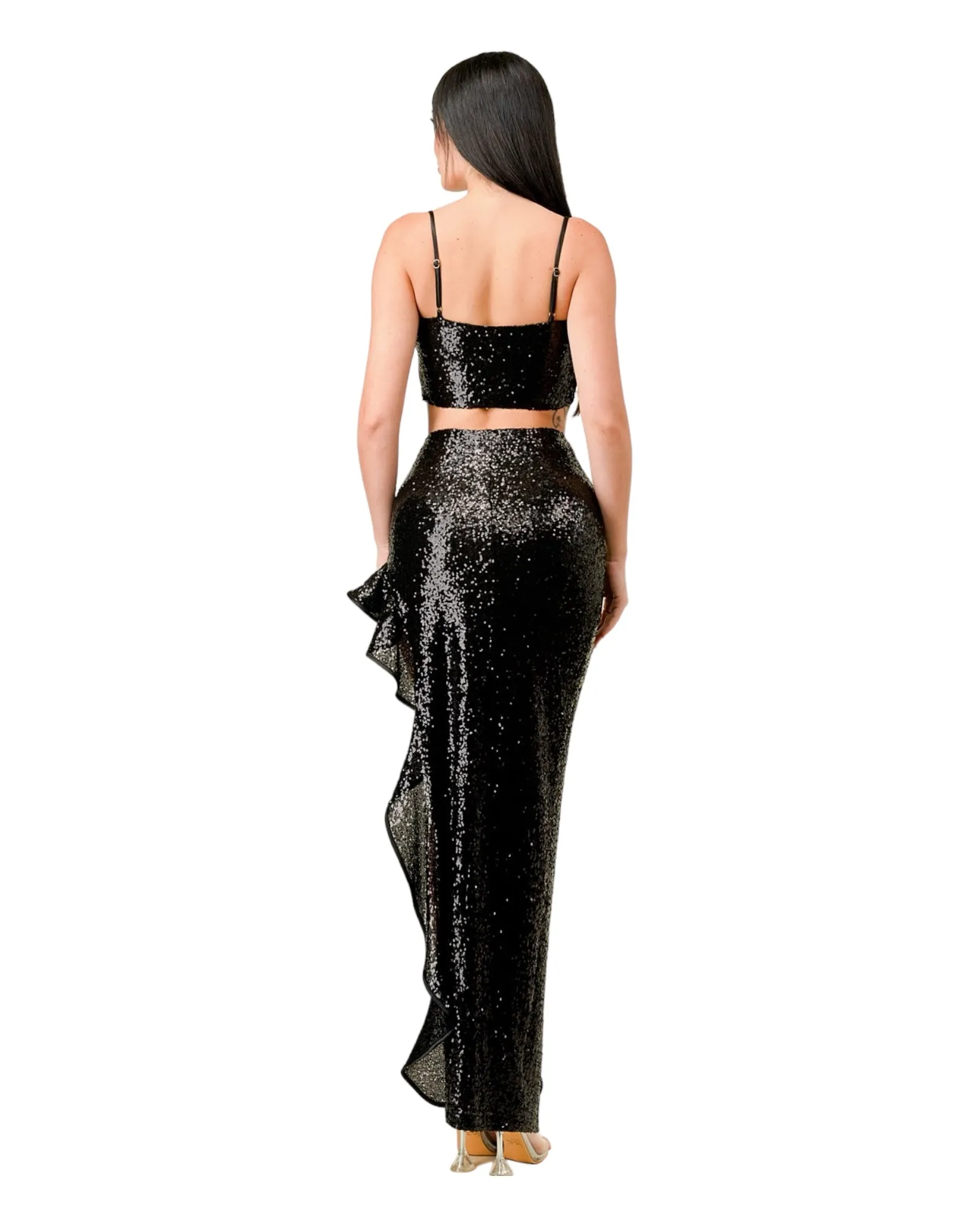 Sexy Sequin Dress Two Piece Top and Skirt Shinny Sequin Evening Elegant Formal Crop Top and High Slit Ruffle Skirt KESLEY