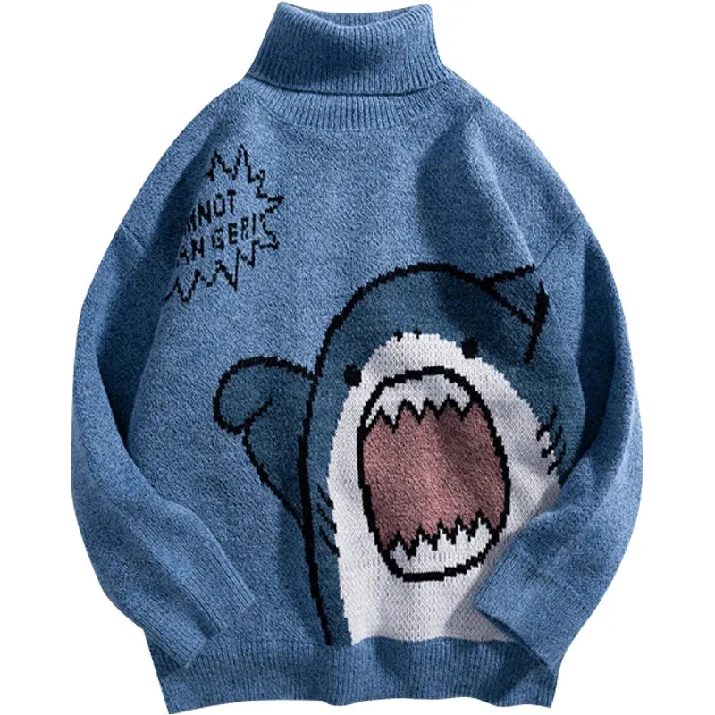 Shark Sweater Men Winter Cartoon Harajuku Korean Y2k Oversized Turtleneck Hip Hop Loose Knit Jumper Pullover High Collar Sweater