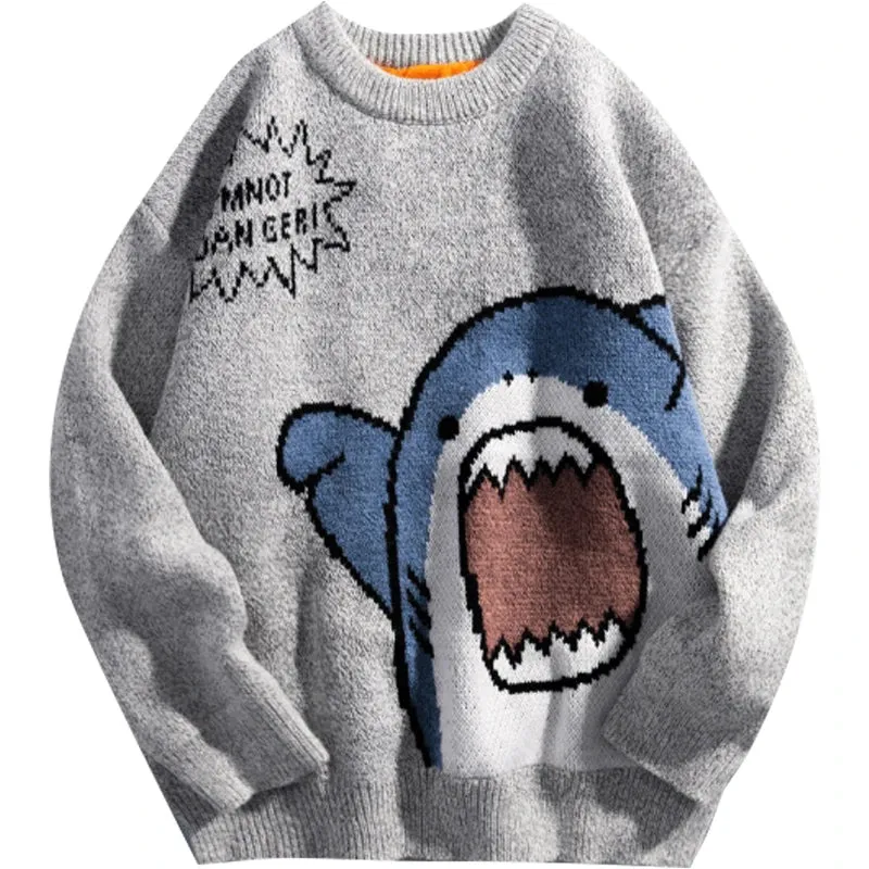 Shark Sweater Men Winter Cartoon Harajuku Korean Y2k Oversized Turtleneck Hip Hop Loose Knit Jumper Pullover High Collar Sweater