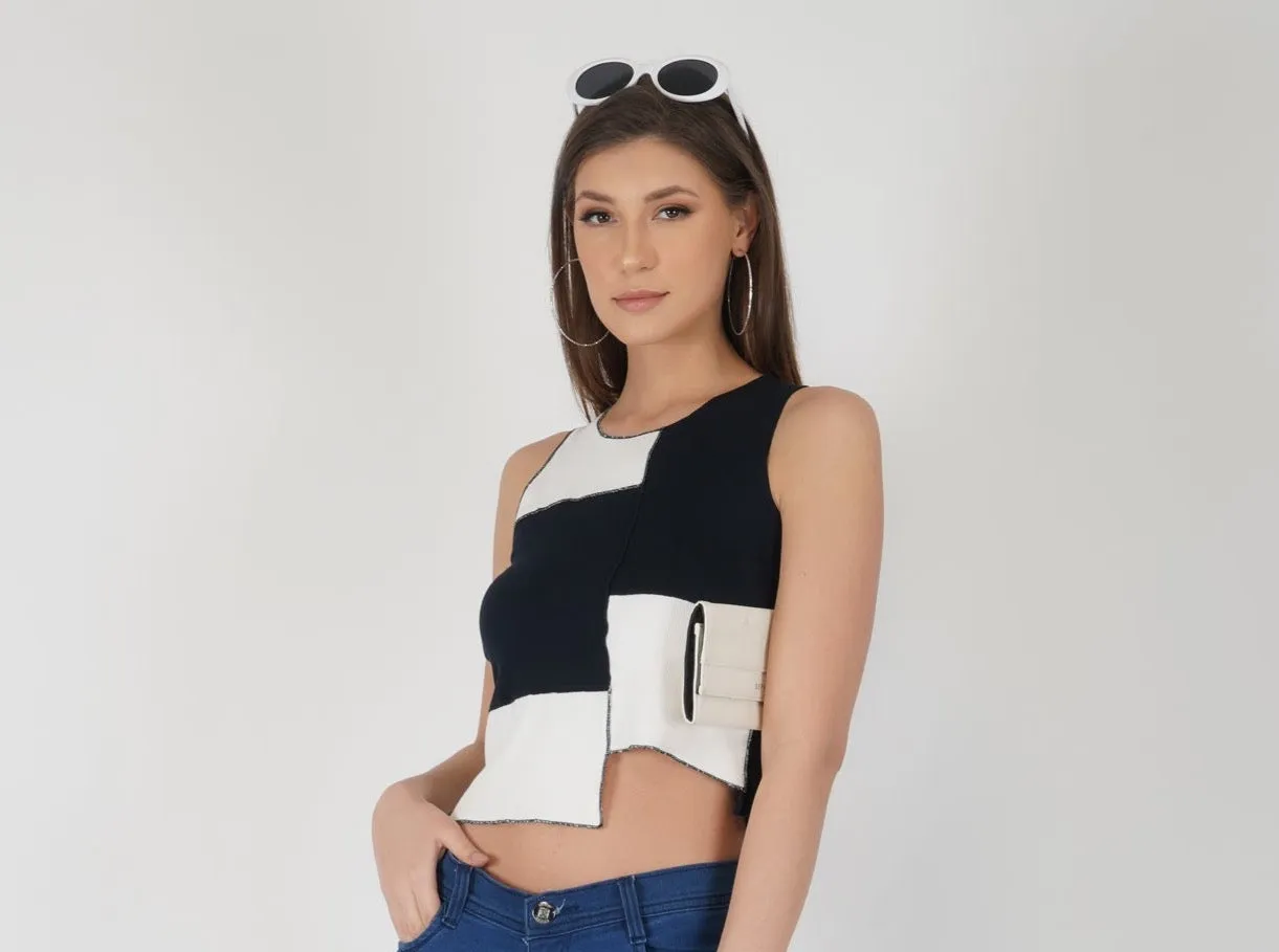 SLAY. Women's Black & White Colorblock Rib Crop Top