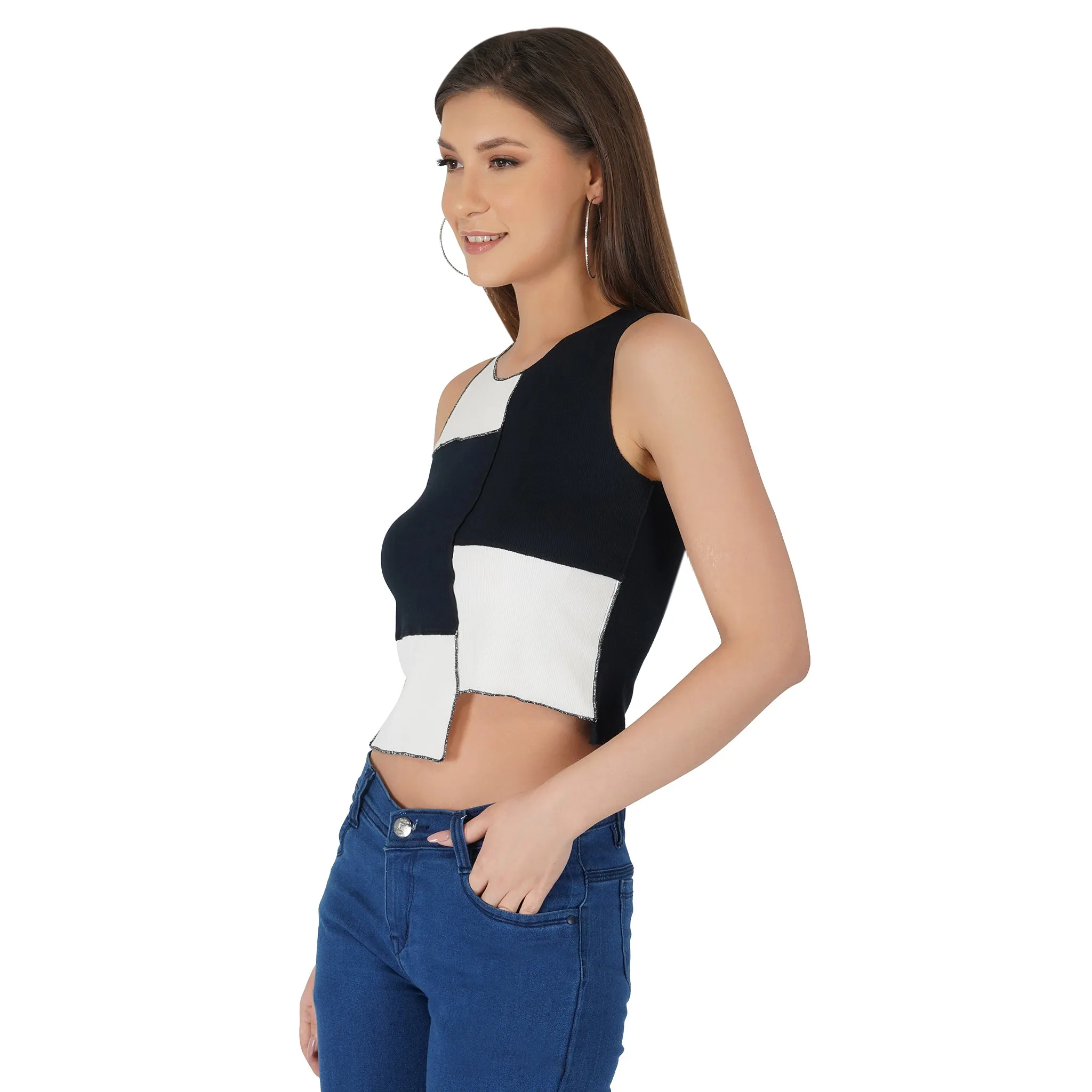 SLAY. Women's Black & White Colorblock Rib Crop Top