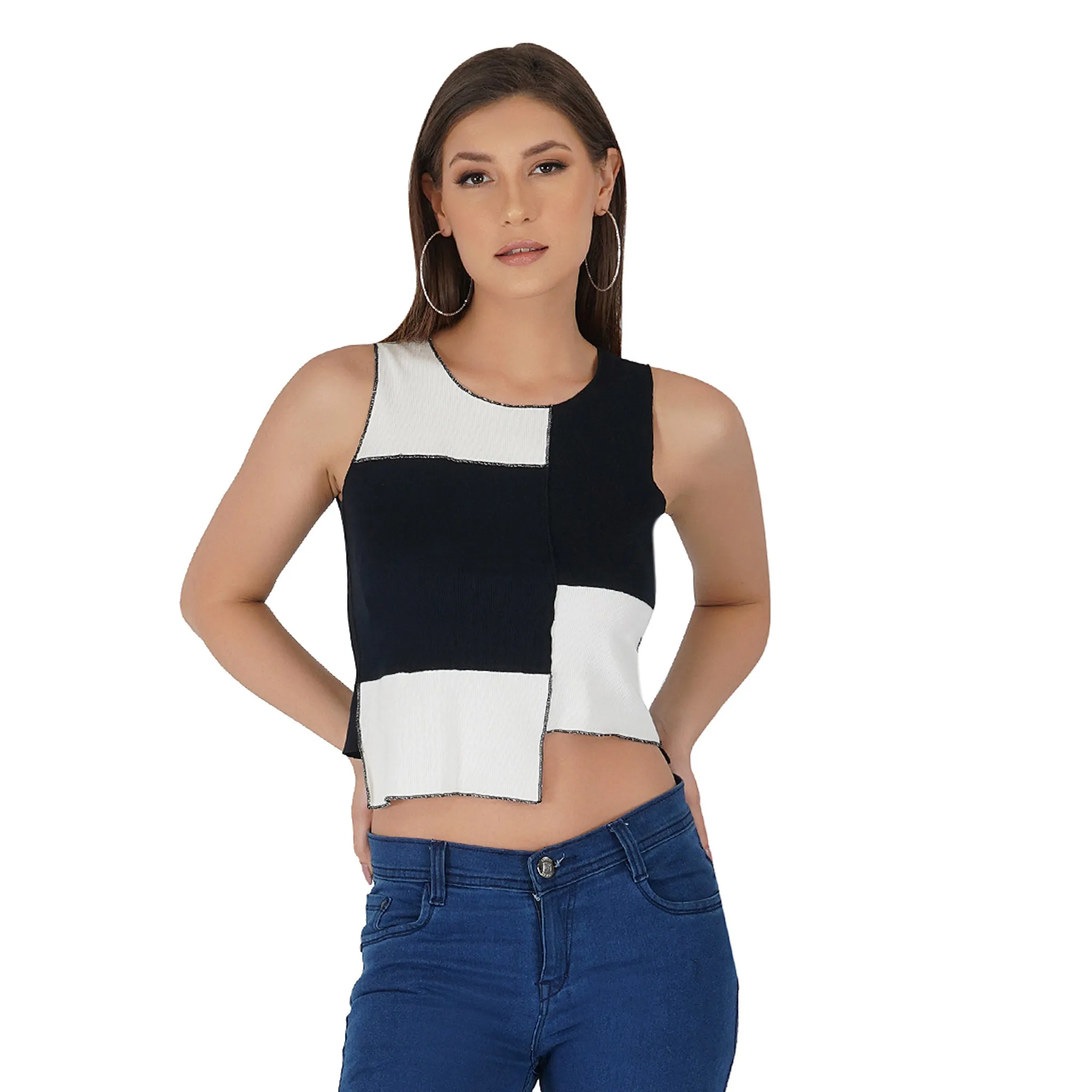 SLAY. Women's Black & White Colorblock Rib Crop Top