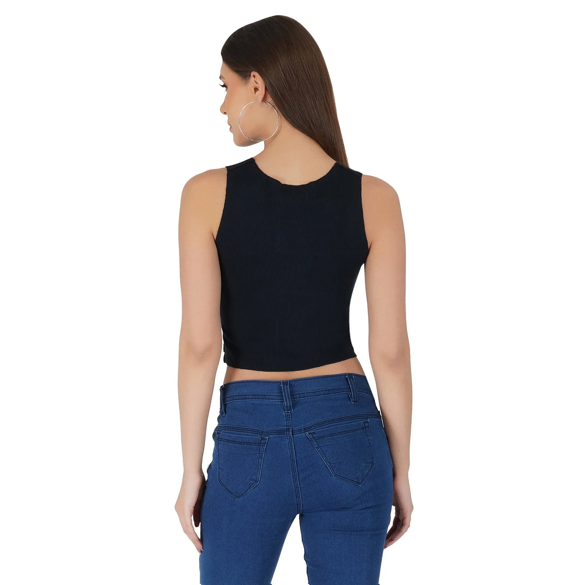 SLAY. Women's Black & White Colorblock Rib Crop Top