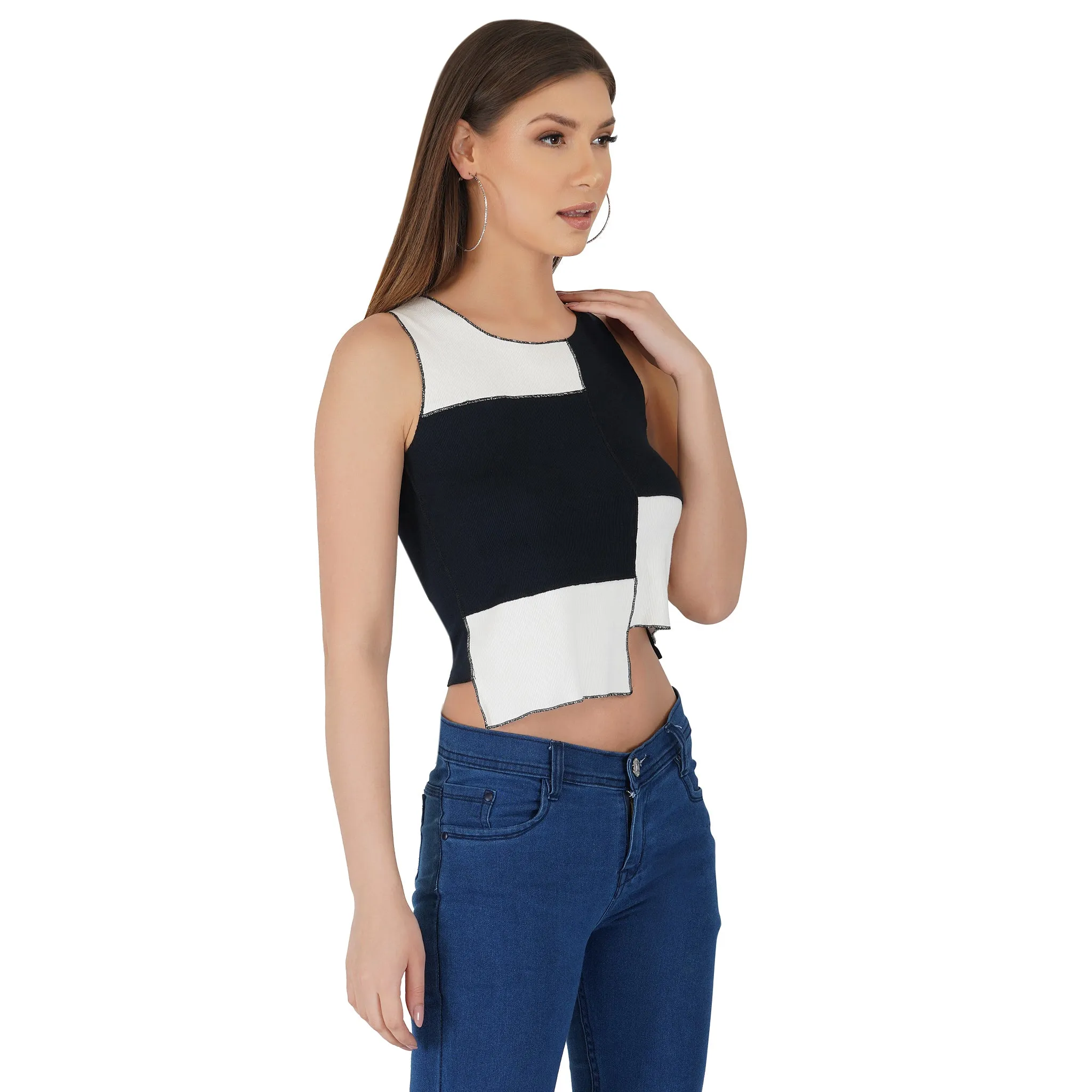 SLAY. Women's Black & White Colorblock Rib Crop Top