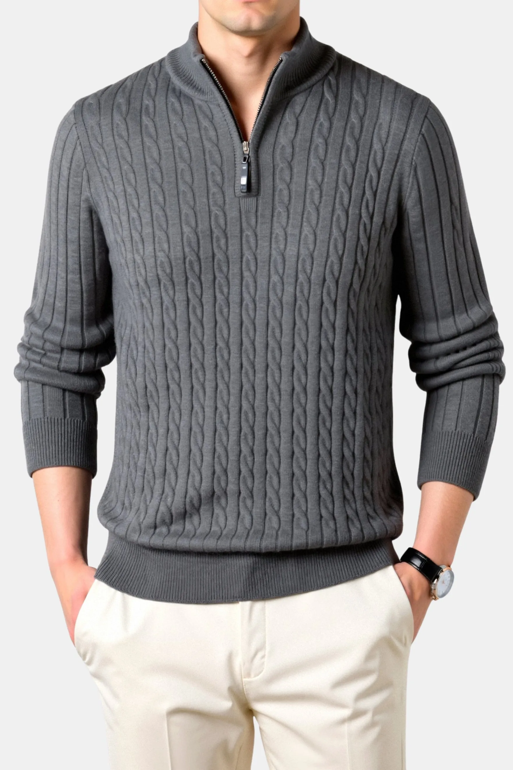 Smart Luxury Cable Knit Zip Sweater