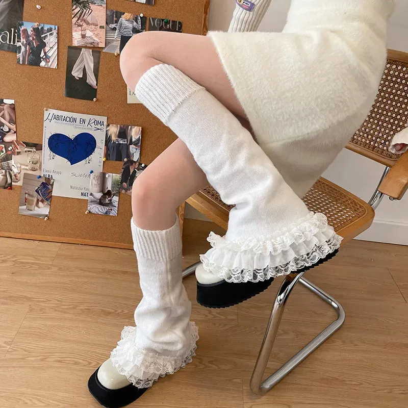 Sohiwoo Vintage Lace Leg Warmers Sweet Japanese Leg Over Knee Socks Winter Warm Knit Y2K Leg Covers Harajuku Boot Cuffs JK Lolita Sock