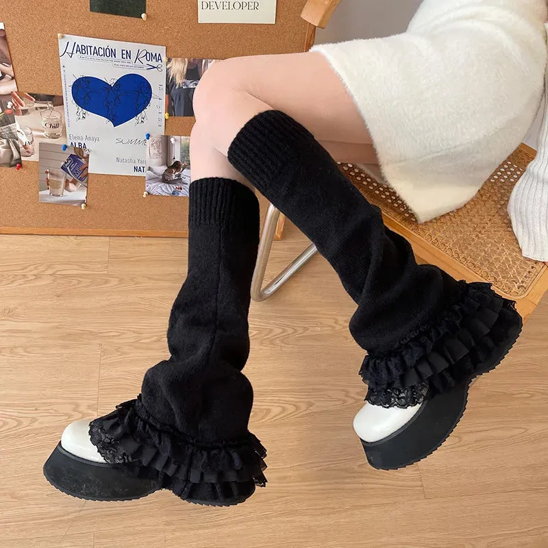 Sohiwoo Vintage Lace Leg Warmers Sweet Japanese Leg Over Knee Socks Winter Warm Knit Y2K Leg Covers Harajuku Boot Cuffs JK Lolita Sock