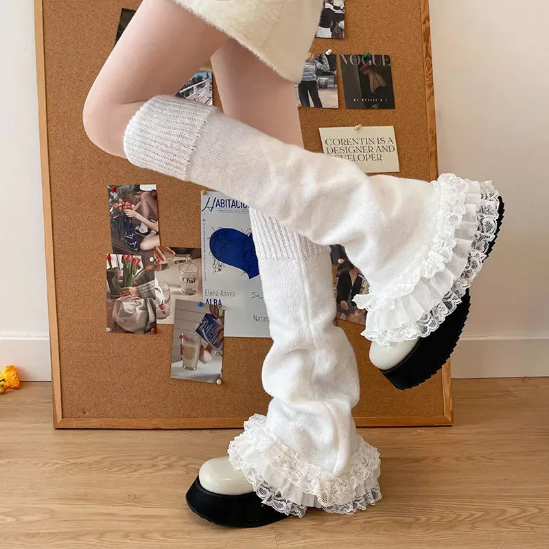 Sohiwoo Vintage Lace Leg Warmers Sweet Japanese Leg Over Knee Socks Winter Warm Knit Y2K Leg Covers Harajuku Boot Cuffs JK Lolita Sock