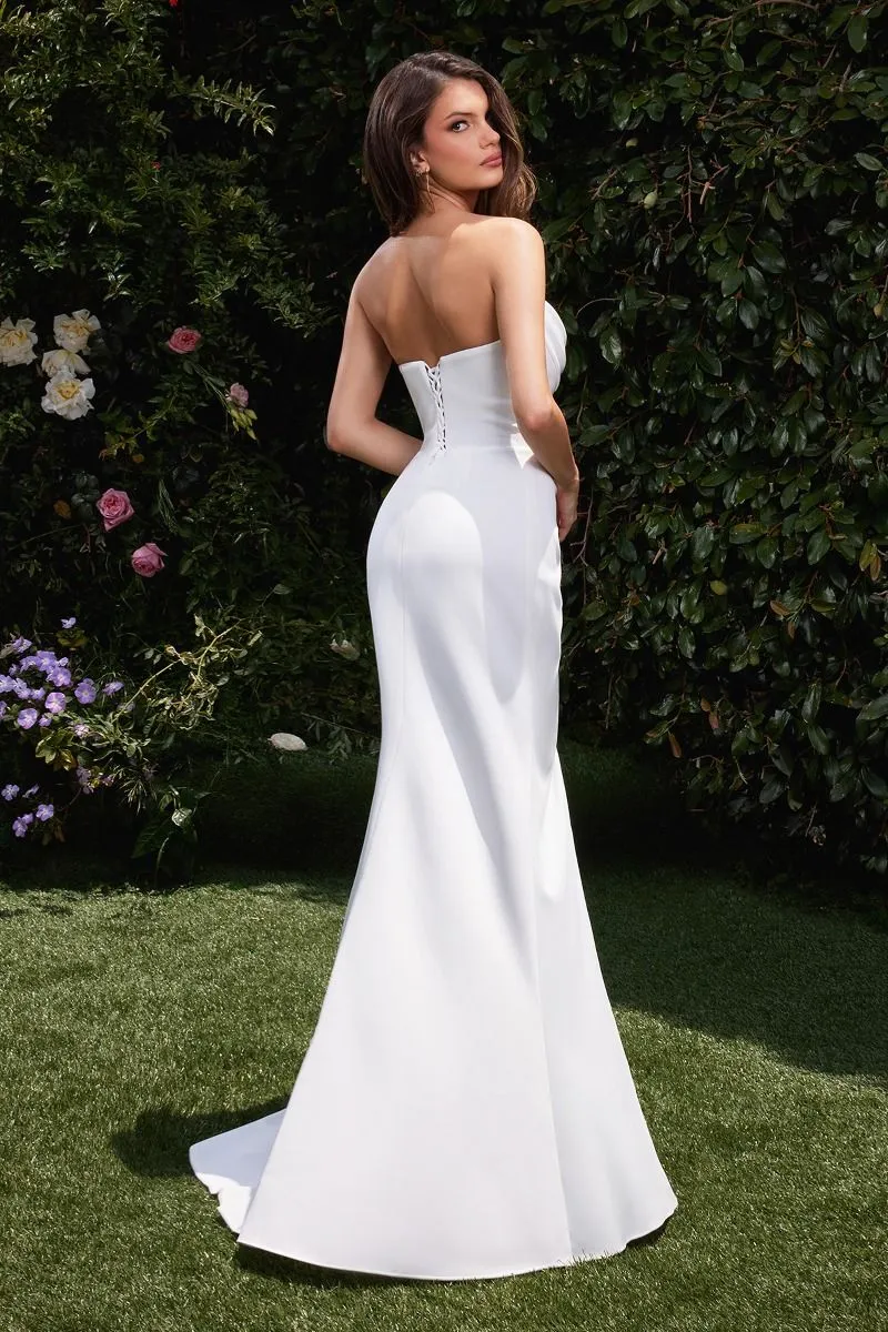 STRAPLESS OFF-WHITE WEDDING SHEATH GOWN W/ COWL NECKLINE & GATHERED WAISTLINE