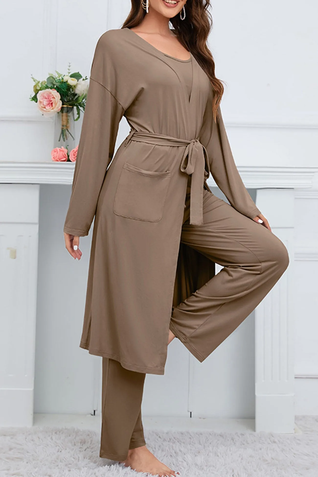 Strappy Long Cardigan Tank Top Three-piece Pants Suits