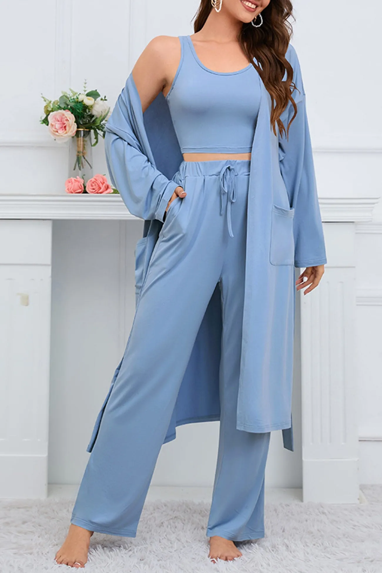 Strappy Long Cardigan Tank Top Three-piece Pants Suits