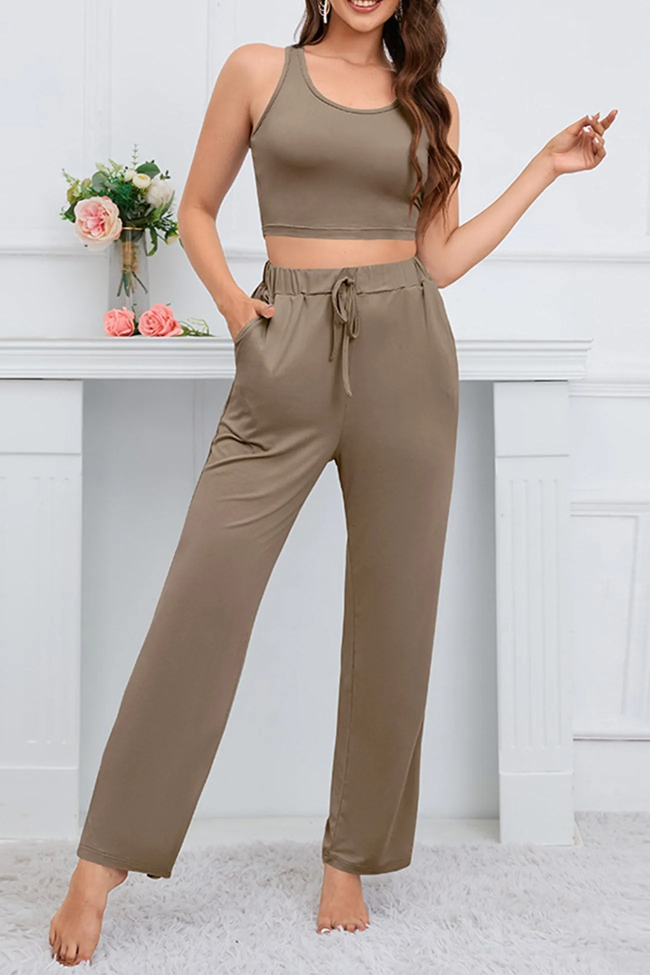 Strappy Long Cardigan Tank Top Three-piece Pants Suits