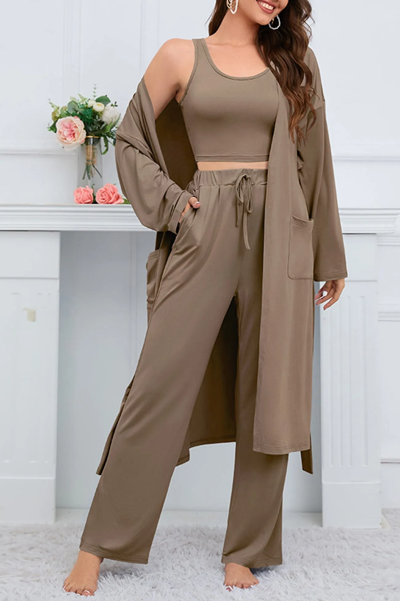 Strappy Long Cardigan Tank Top Three-piece Pants Suits