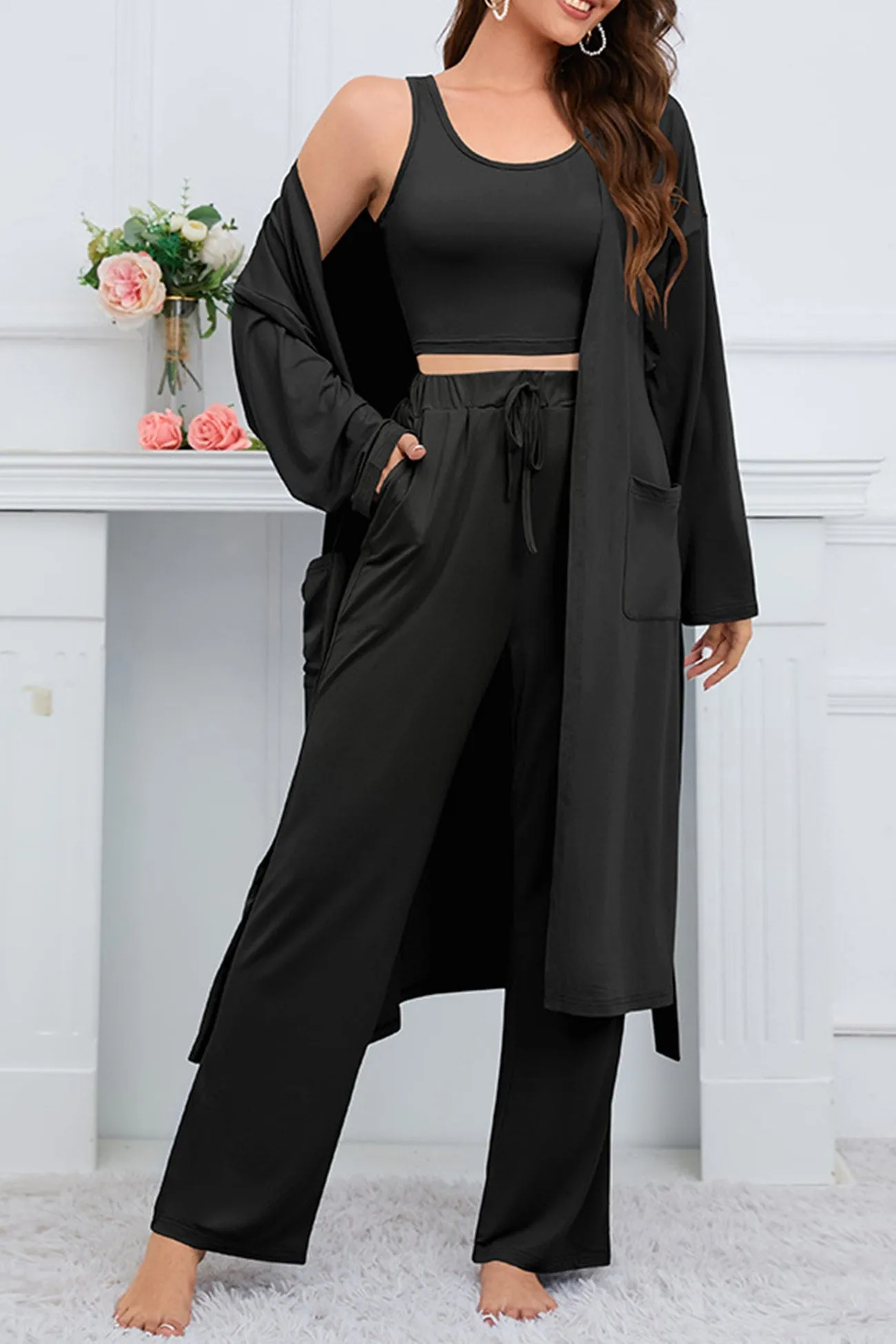 Strappy Long Cardigan Tank Top Three-piece Pants Suits