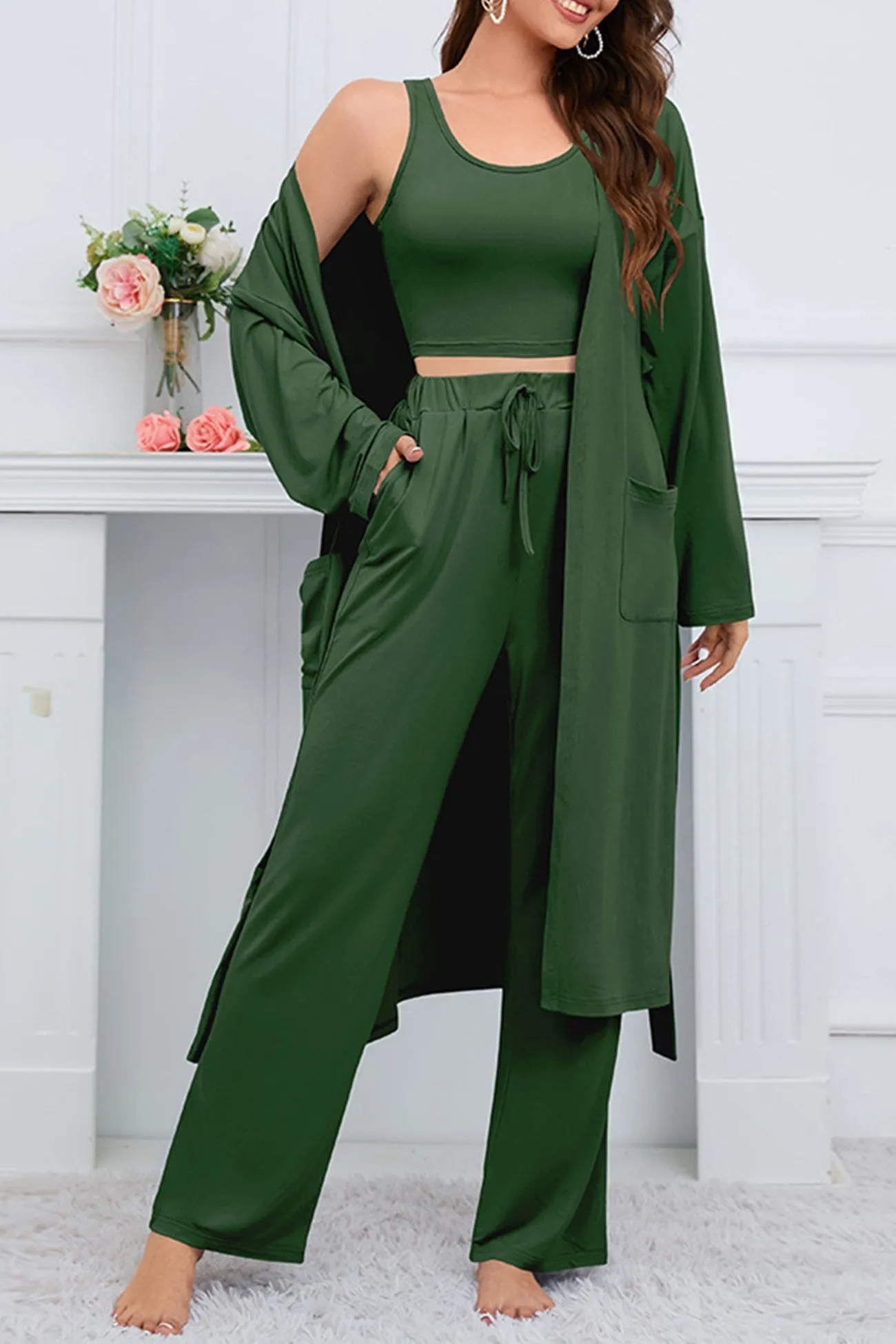 Strappy Long Cardigan Tank Top Three-piece Pants Suits