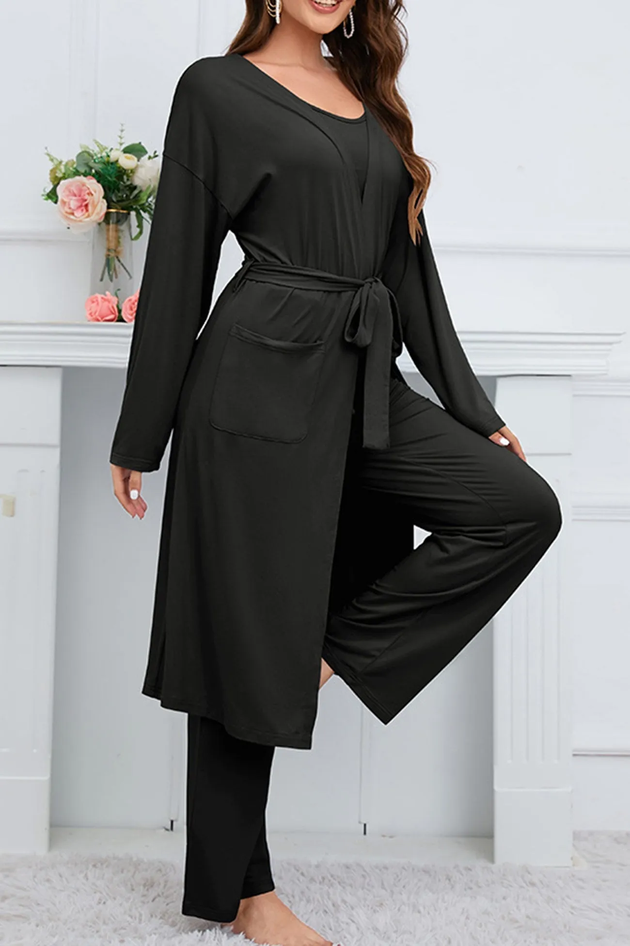 Strappy Long Cardigan Tank Top Three-piece Pants Suits