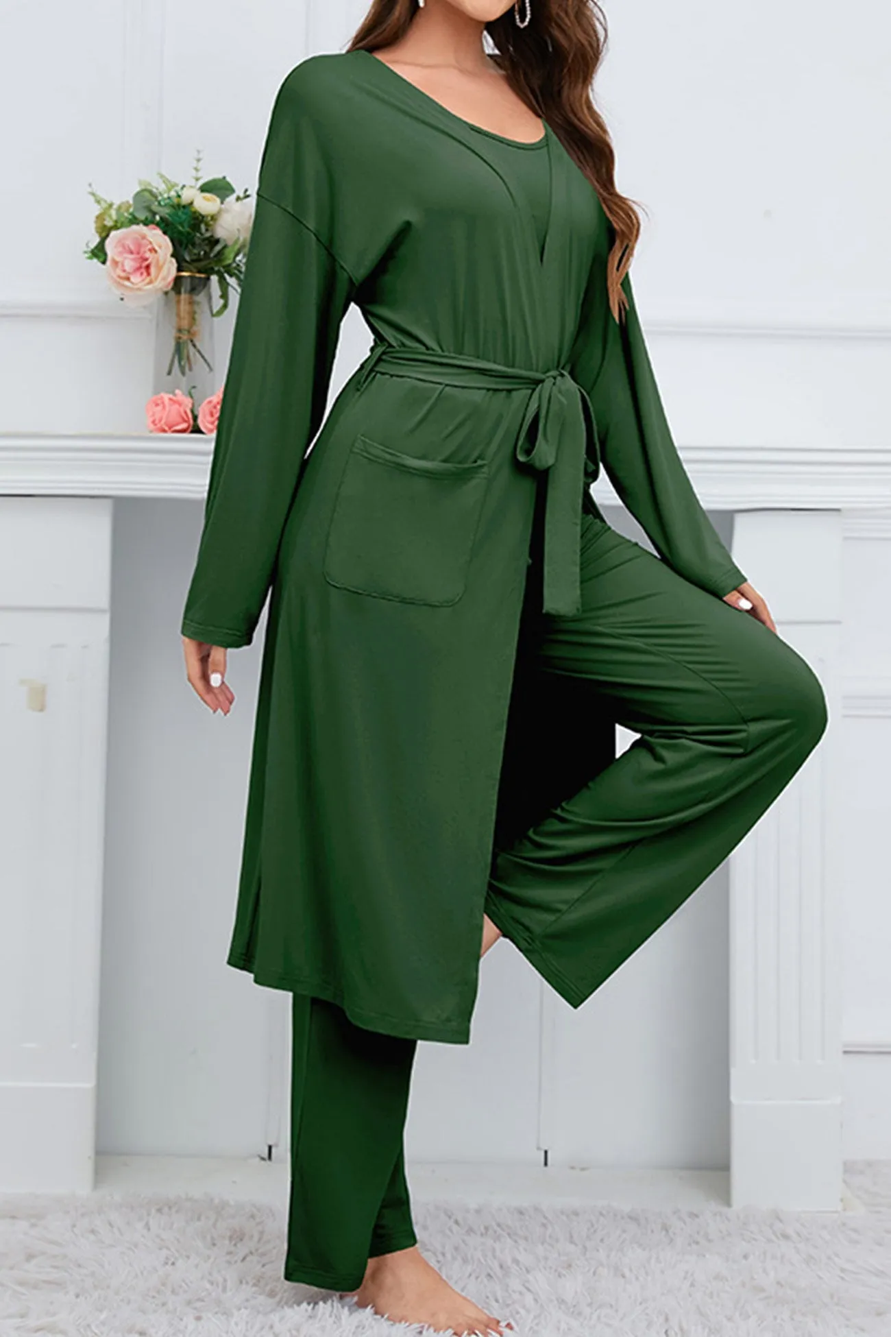 Strappy Long Cardigan Tank Top Three-piece Pants Suits