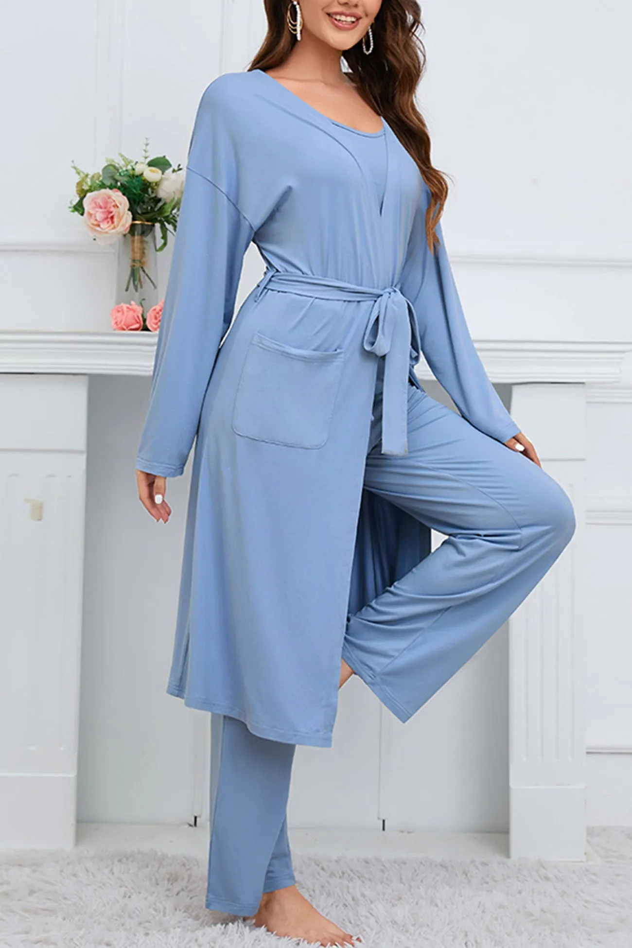 Strappy Long Cardigan Tank Top Three-piece Pants Suits