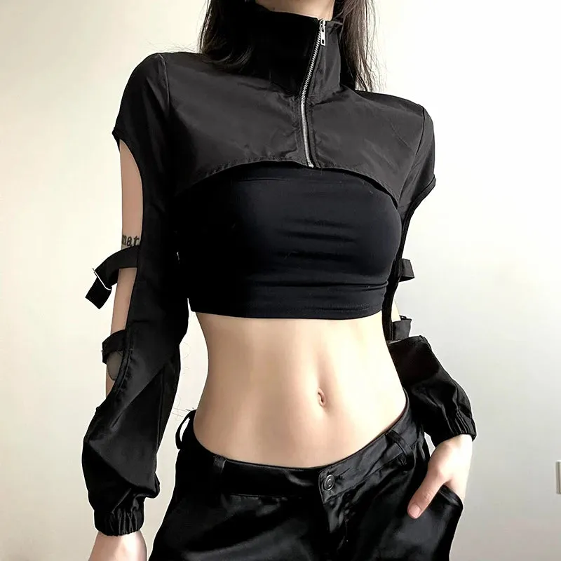 Streetwear Black Buckle Turtleneck Pullover Smock Top Harajuku Zipper Cut Out Autumn Sweatshirt Hoodies Tech Clothing