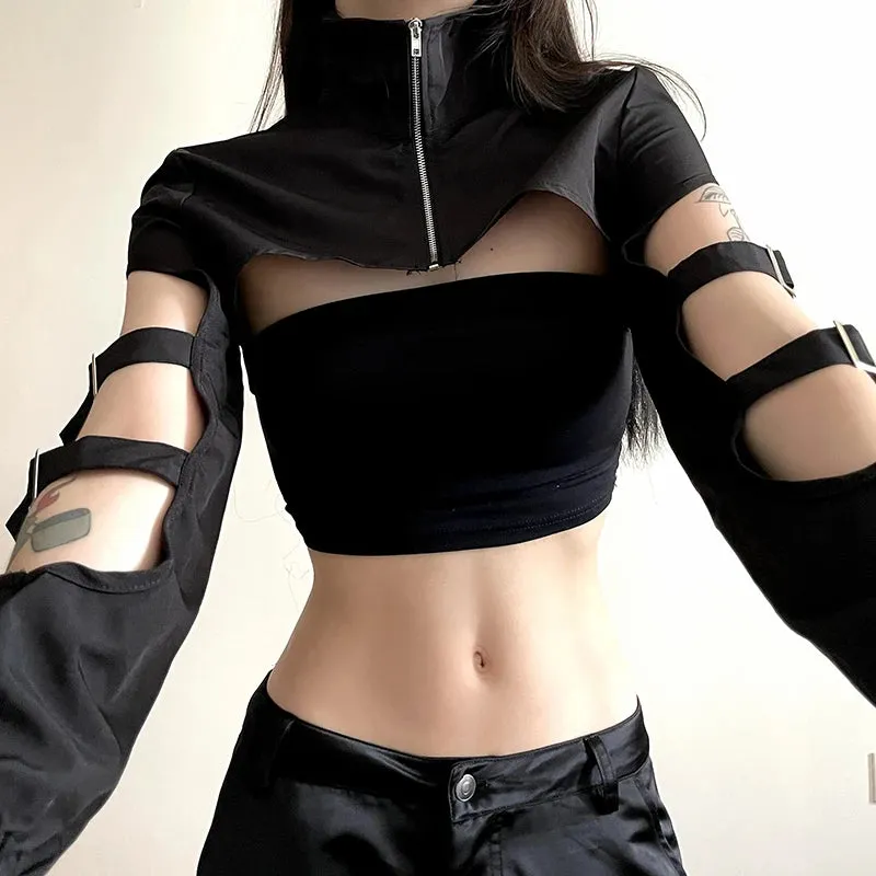 Streetwear Black Buckle Turtleneck Pullover Smock Top Harajuku Zipper Cut Out Autumn Sweatshirt Hoodies Tech Clothing