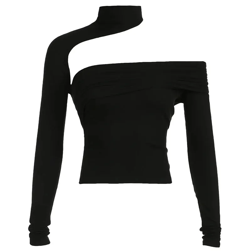 Streetwear Halter Turtleneck Sexy T shirt Women Autumn Crop Tops Fitness Basic Cut Out Asymmetrical Tees Party Club