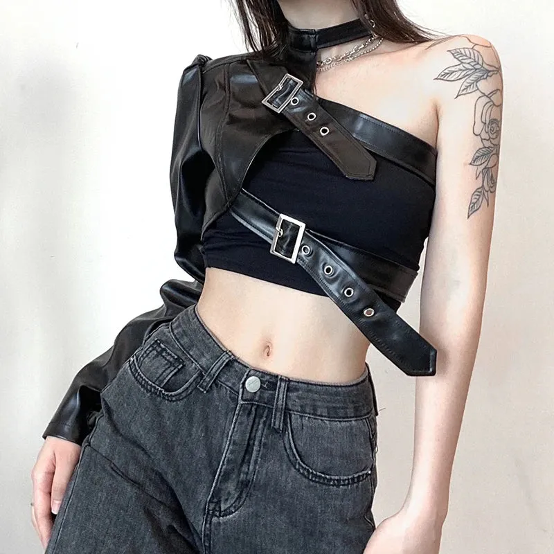 Streetwear Punk Style Choker Halter Black PU Leather Pullover Sweatshirt Women One Shoulder Buckle Grunge Sweatshirts