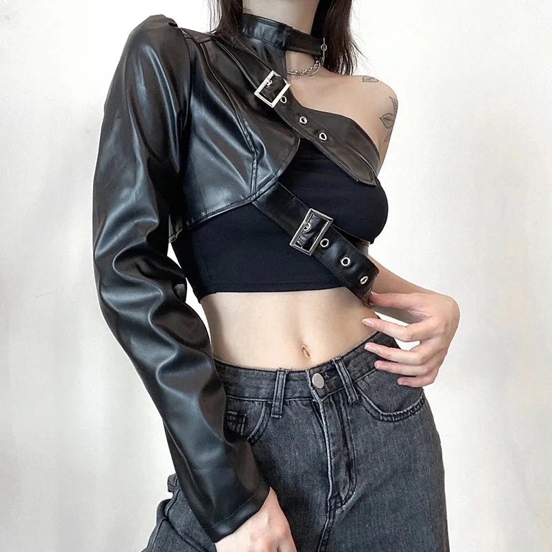 Streetwear Punk Style Choker Halter Black PU Leather Pullover Sweatshirt Women One Shoulder Buckle Grunge Sweatshirts