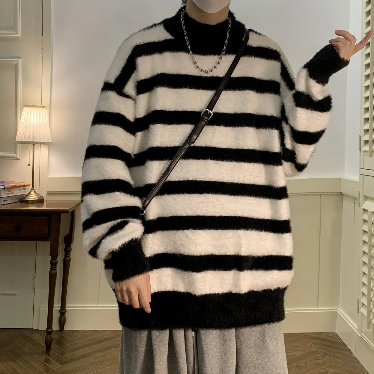 Striped Men Sweaters Men's Pullovers Harajuku Streetwear Winter New Casual Loose Wool Warm Knited Turtleneck Pullovers Top 3XL