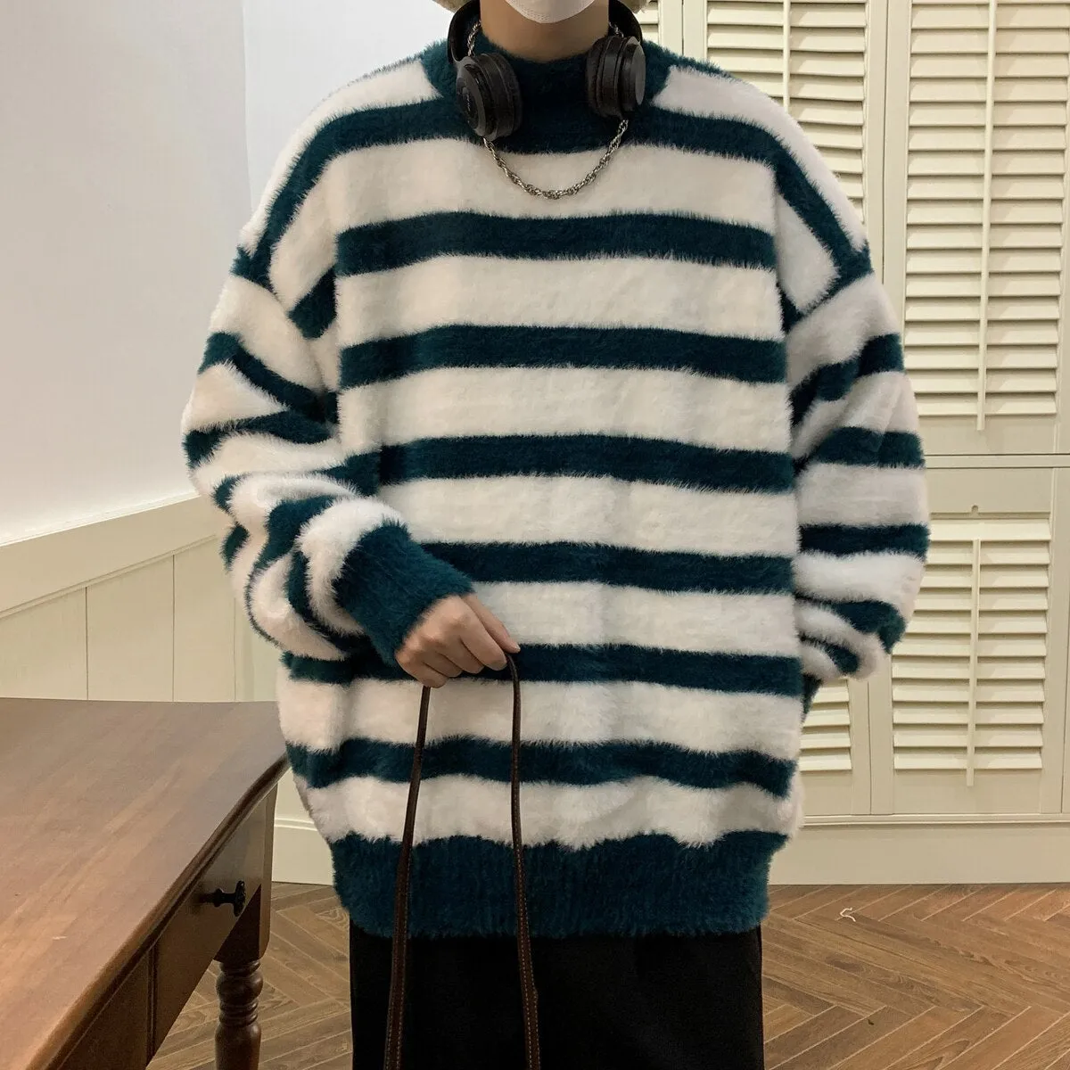 Striped Men Sweaters Men's Pullovers Harajuku Streetwear Winter New Casual Loose Wool Warm Knited Turtleneck Pullovers Top 3XL