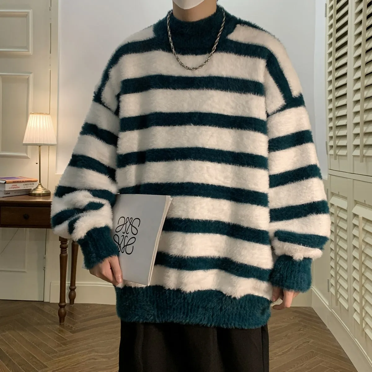 Striped Men Sweaters Men's Pullovers Harajuku Streetwear Winter New Casual Loose Wool Warm Knited Turtleneck Pullovers Top 3XL